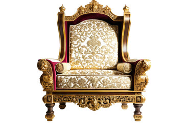 Medieval king's chair, full body view, centered, isolated on white background, stock photo quality, conveyed with dignity, intricate wood carvings, royal upholstery, plush velvet
