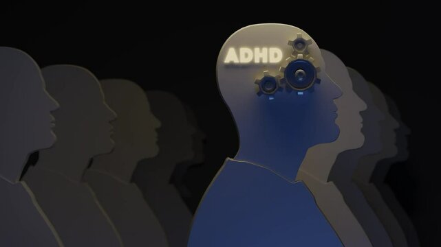 Conceptual video that shows ADHD Attention-Deficit Hyperactivity Disorder having person among others. Spinning gears symbolize thinking.

3D animation