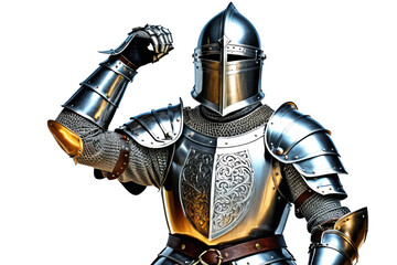 Medieval knight in full armor, centered, isolated against a pristine white background, high-resolution stock photo, showcasing metallic sheen of the armor, fine engravings visible