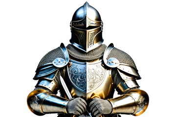 Medieval knight in full armor, centered, isolated against a pristine white background, high-resolution stock photo, showcasing metallic sheen of the armor, fine engravings visible