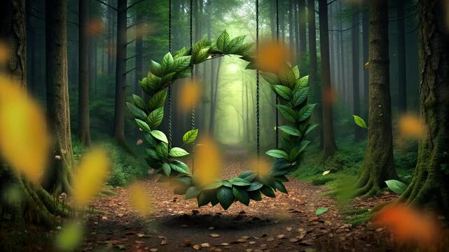 circle frame of leaves in the middle of the forest and the rain effect of falling leaves