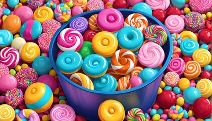  A bucket of sweets in candyland. A lot of sweets