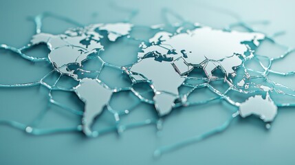 Cracked Global Map with Broken Arrows: A world map made of fragile glass, with arrows pointing outward from various countries