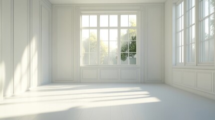 Empty room, sunlight streaming in, white color generative ai