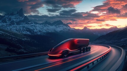 Obraz premium A futuristic red semi-truck drives along a winding mountain road at sunset.