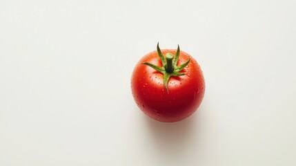 Single Red Tomato with Water Droplets and Green Stem on White Background