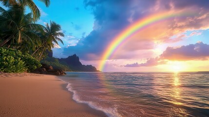 A stunning tropical beach at sunset, featuring a vibrant rainbow arching over gentle waves and lush palm trees.