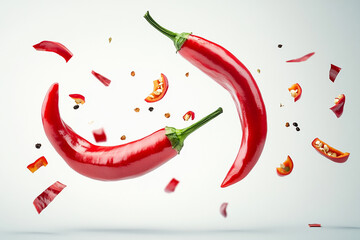 Two red chili peppers floating in the air