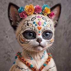 Siamese baby cat with colorful sugar skull face paint. Cat with festive Day of the Dead mask. Concept of celebration, Halloween, cultural tradition, pet costume, Dia de los Muertos makeup, celebration