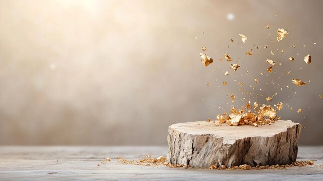 Golden confetti falling on wooden stump with blurred background.