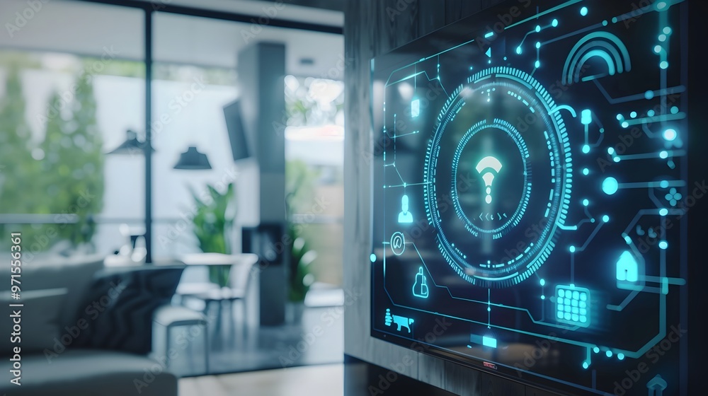 Poster ai powered smart home security monitoring and alert system with futuristic digital interface