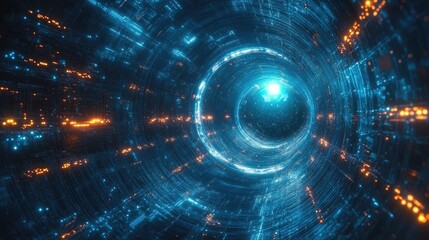 Obraz premium Abstract futuristic tunnel with glowing blue and orange lights, swirling and moving towards the center with a bright light at the end.