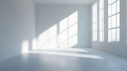 Obraz premium Empty room, white walls and floor, bright natural light, generative ai
