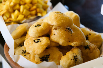 Close-up of Fried Dough Pastries at Hotel Restaurant Buffet..