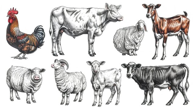 Animals meet types ink illustrations set, hand drawn illustrations of cow, chicken, pig, sheep, goat and duck. Domestic farm animals isolated on white background, vector illustrations