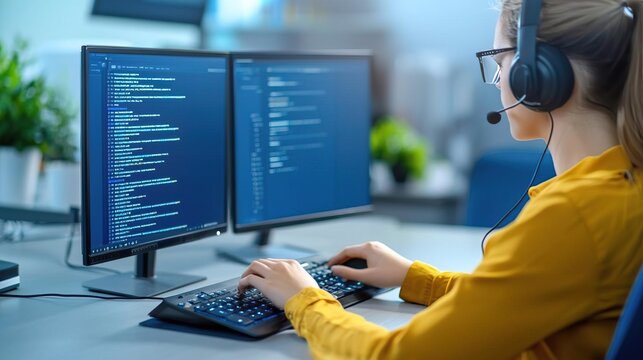 Focused female programmer working on code with headphones and dual monitors.
