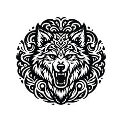 Obraz premium Wolf in bohemian black and white silhouette illustration