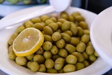 Close-up of Green Olives at Hotel Restaurant Buffet