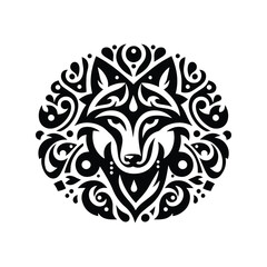 Wolf in folk art black and white silhouette illustration