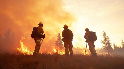 Fototapeta premium emergency responders assisting people with wildfire evacuation and safety measures.