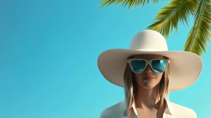 A stylish woman wearing wide brimmed hat and sunglasses stands against vibrant blue sky, evoking sense of coastal fashion and summer vibes