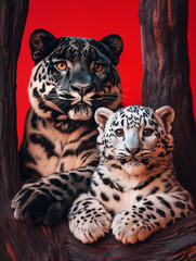 Fototapeta premium portrait of a leopard and a panter on a red background
