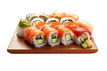 Sushi on transparent background. Sushi themes. Asian cuisine themes. Asian restaurant. Sushi making. PNG cut out. Image for graphic designer. Image for flyers.