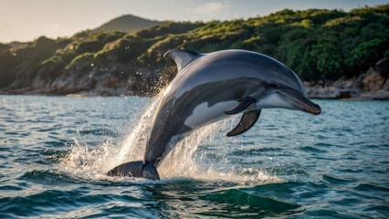 dolphin jumping out of water creating a spray of water droplets.