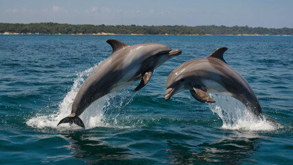 Naklejka premium A group of dolphin jumping out of water creating a spray of water droplets.