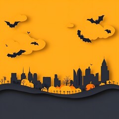 Halloween night city  scary bats, pumpkins and graves.