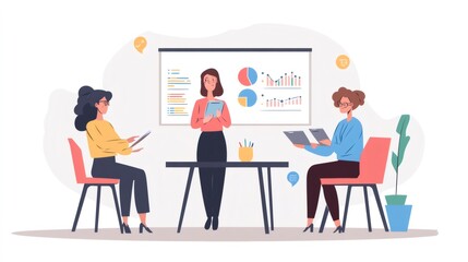 Three businesswomen discussing charts and diagrams while sitting at a table in a meeting room.