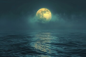 Full moon rising over a calm ocean reflecting on the water surface