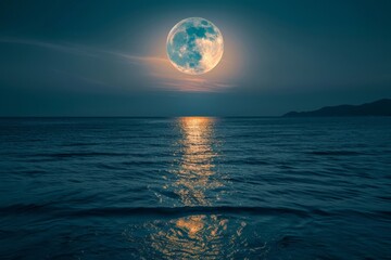 Full moon rising over a calm ocean reflecting on the water surface