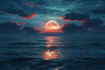 Large orange moon rising over a calm ocean at night