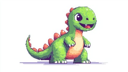 Obraz premium Cute pixel art dinosaur with green skin and red spines. Adorable character design suitable for games and digital media.