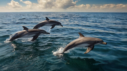 Obraz premium dolphin jumping out of water creating a spray of water droplets.