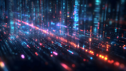 Abstract digital landscape with glowing lines and particles representing data flow.