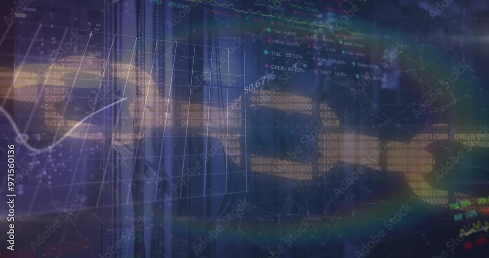 Poster animation of data processing and chain over server room
