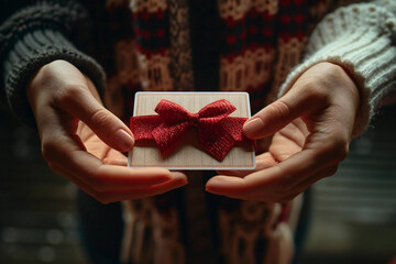 Two hands exchanging a gift card with a red bow on top, symbolizing generosity and celebration.