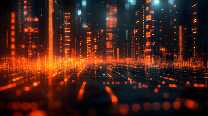 Fototapeta premium Abstract digital landscape with glowing orange and blue data streams.