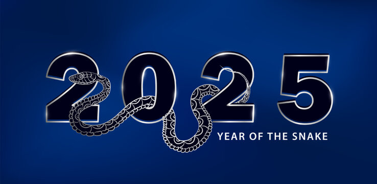New Year, Christmas banner with silver linear snake elegantly weaves through the bold glossy "2025" typography on dark blue background. Luxury Greeting card with snake as Chinese horoscope sign
