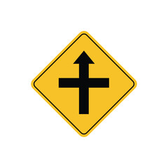 road sign icon, crossroad ahead, side roads to right and left on yellow rhombus. board.suitable for poster use and web icon