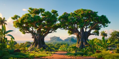Two massive, ancient trees with vibrant green canopies stand majestically in a lush, tropical landscape under a clear blue sky.