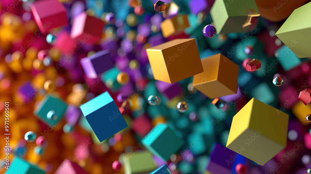 Poster abstract background with colorful 3d shapes scattered in geometric composition