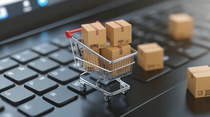 A miniature shopping cart filled with cardboard boxes sits on a laptop keyboard, symbolizing online shopping and e-commerce.