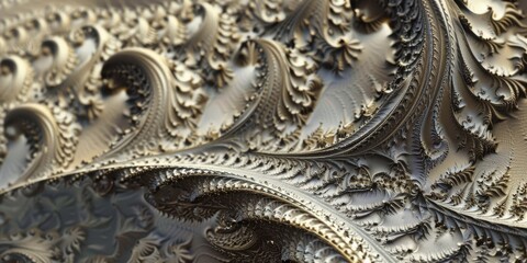 Abstract close-up of intricate metallic fractal patterns with overlapping waves and ornate details.