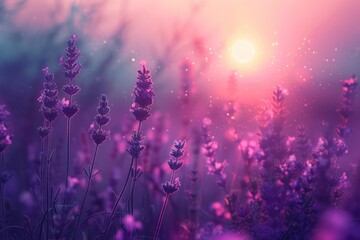 Naklejka premium Beautiful lavender flowers growing in field at sunset
