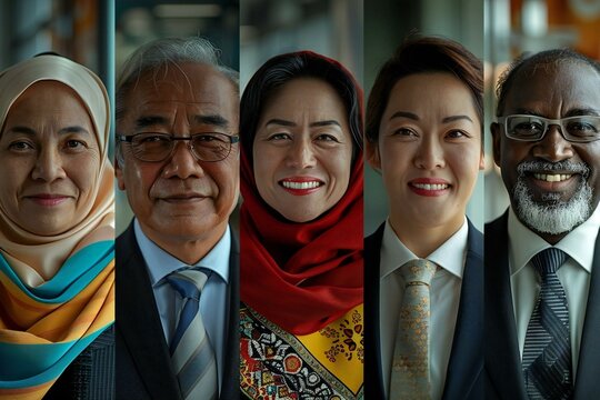 vibrant collage photo featuring a diverse group of smiling business people, highlighting unity and teamwork within a multinational company. - Powered by Adobe
