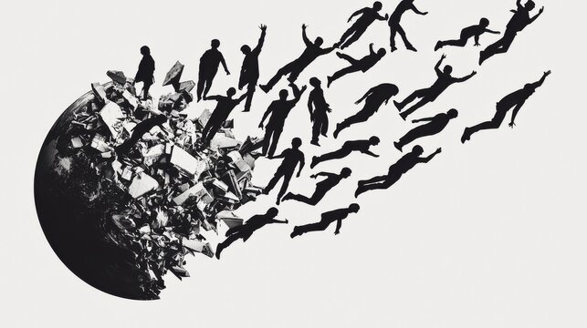Falling Economy with Shadows of Unemployment: Silhouettes of people falling from the sky, representing unemployed individuals, while below is a crumbling