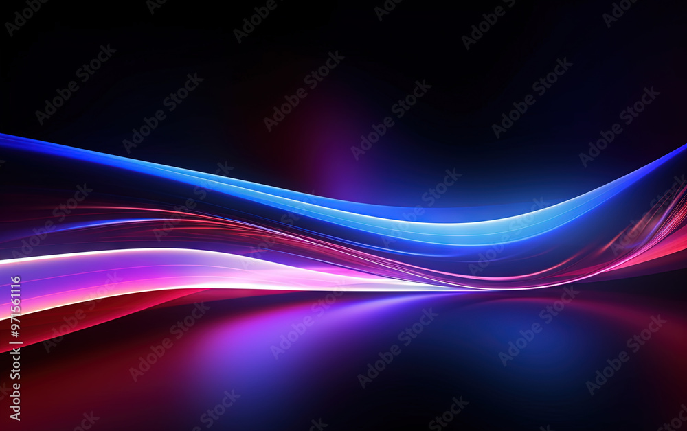Poster vibrant abstract blue and red waveform with fluid motion and colorful gradients.
